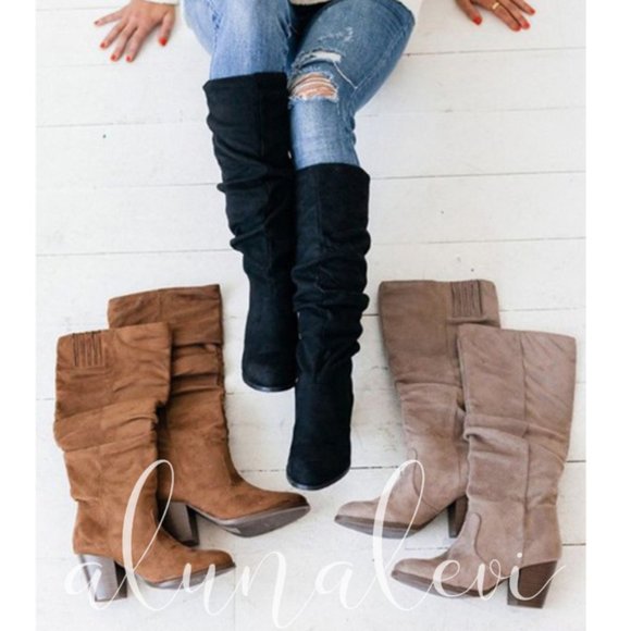 VEGAN SUEDE CHUNKY HIGH HEEL BOOTS - TAUPE - Picture 2 of 2